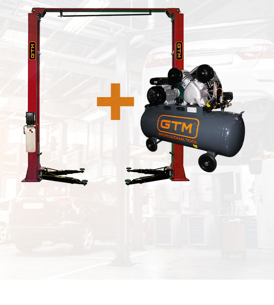 Набір для атомайстерні: Підйомник автомобільний 2-х стійковий 4т 220В GTM QJY240D 220 з верхньою синхронізацією (QJY240D 220) + Поршневий повітряний компресор 100 л GTM KCJ2070-100L ремінний