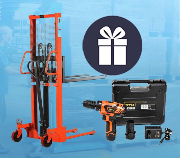 Гідравлічний штабелер GTM SFH2016E 2000 кг 1.6 м + Подарунок: Акумуляторний дриль-шурупокрут GTM DS12/30