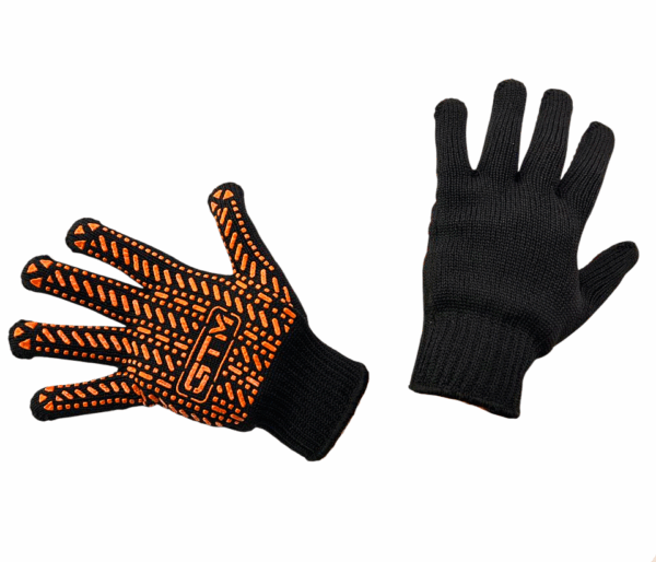 Рукавички трикотажні чорні ТМ GTM LUX помаранчева ПВХ крапка розмір 10