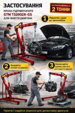 Кран гідравлічний підкатний складний 2т для зняття двигуна інфографіка використання