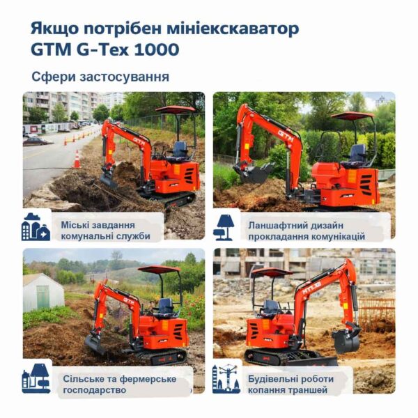 Мініекскаватор гусеничний GTM G-Tex 1000 сфери застосування інфографіка використання