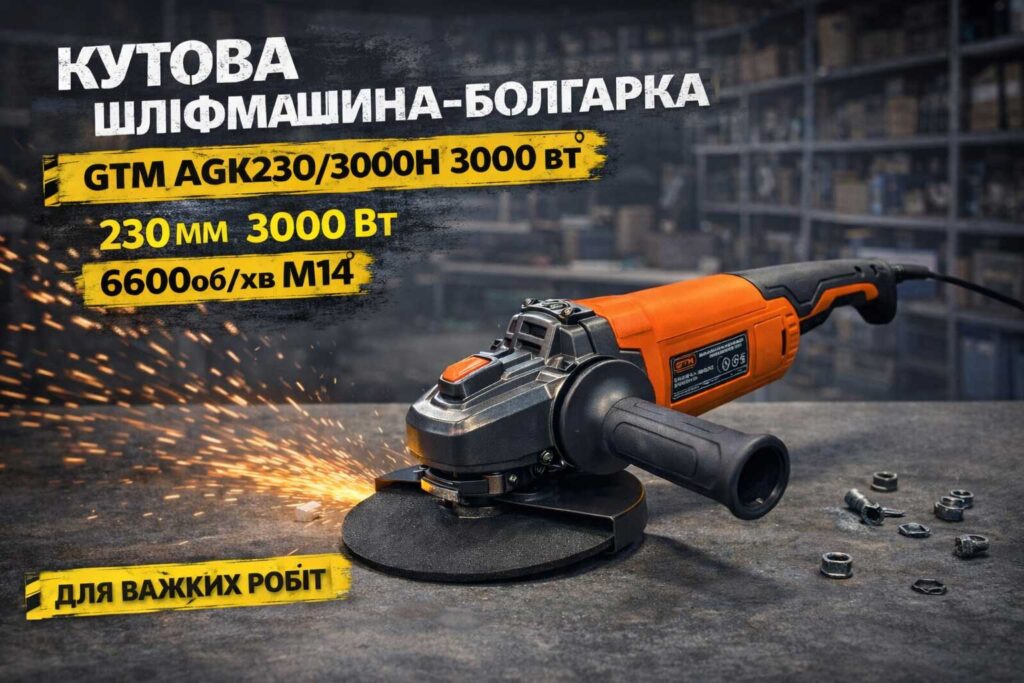 Болгарка мережева GTM AGK230/3000H 3000 Вт 230 мм: професійна кутова шліфмашина для важких робіт