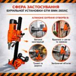 Бурильна установка GTM BMK-260AC 4.8 кВт 560об/хв зі стійкою та нахилом 45° інфографіка