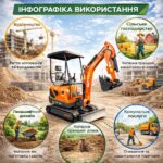 Мініекскаватор гусеничний GTM G-Tex 1800N 1800кг 2.13м глибина копання дизель 25 к.с інфографіка