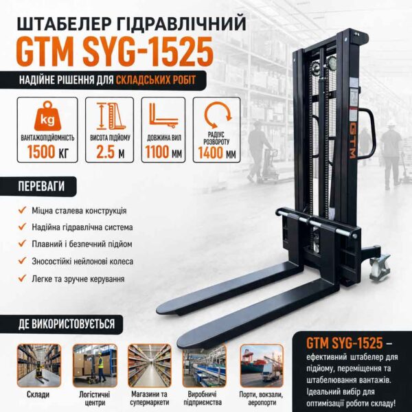 Штабелер гідравлічний GTM SYG-1525 1500кг інфографіка