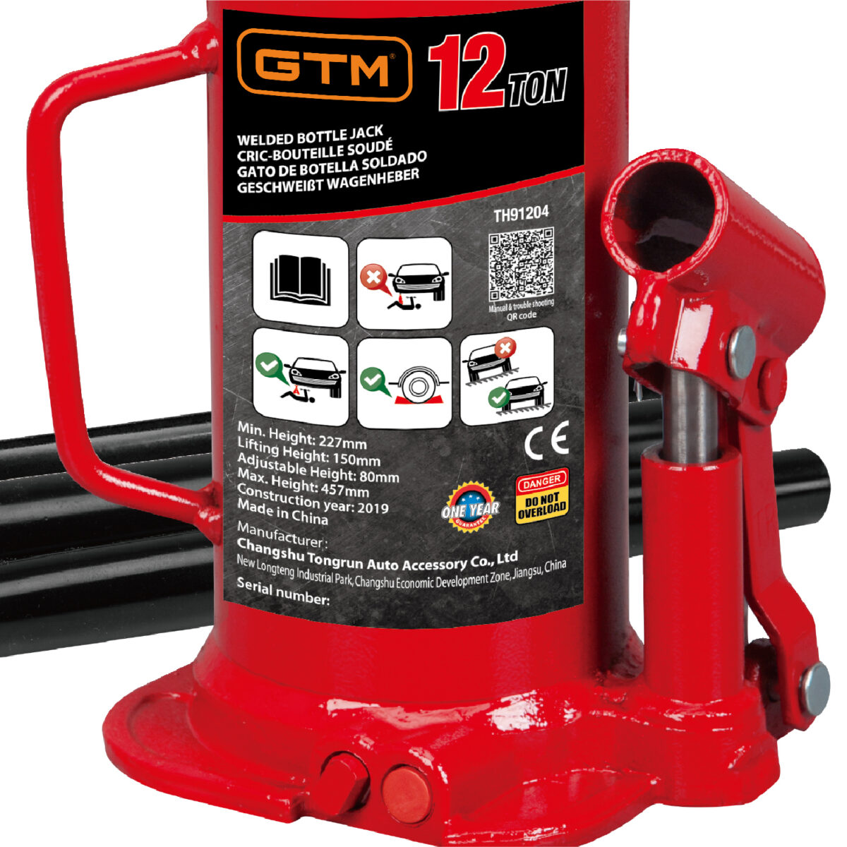 Домкрат гідравлічний пляшковий GTM TH91204 12т 240-460мм - Зображення 2