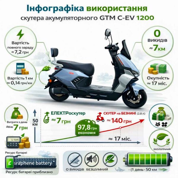 Скутер акумуляторний GTM C-EV 1200 72В 1200Вт 50км/год інфографіка