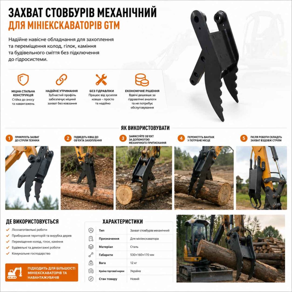 Захват стовбурів механічний для мініекскаваторів GTM
