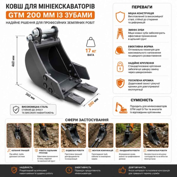 Ковш для мініекскаваторів GTM 200 мм із зубами