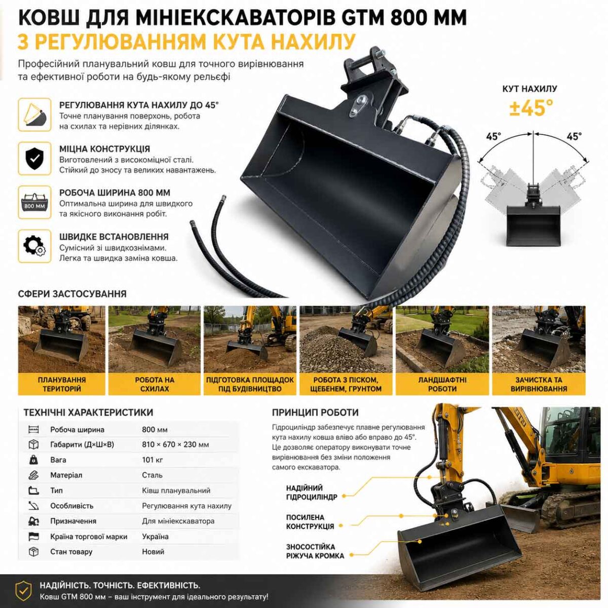 Ковш для мініекскаваторів GTM 800 мм з регулюванням кута нахилу