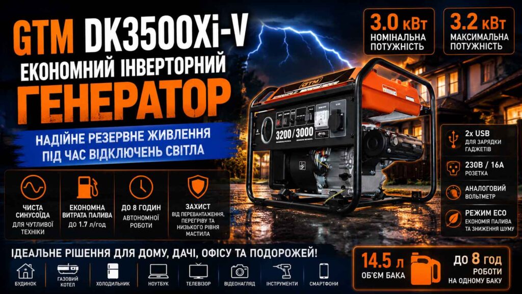 Генераторна установка інверторна відкрита генератор GTM DK3500Xi-V 3.0кВт 230В 50Гц