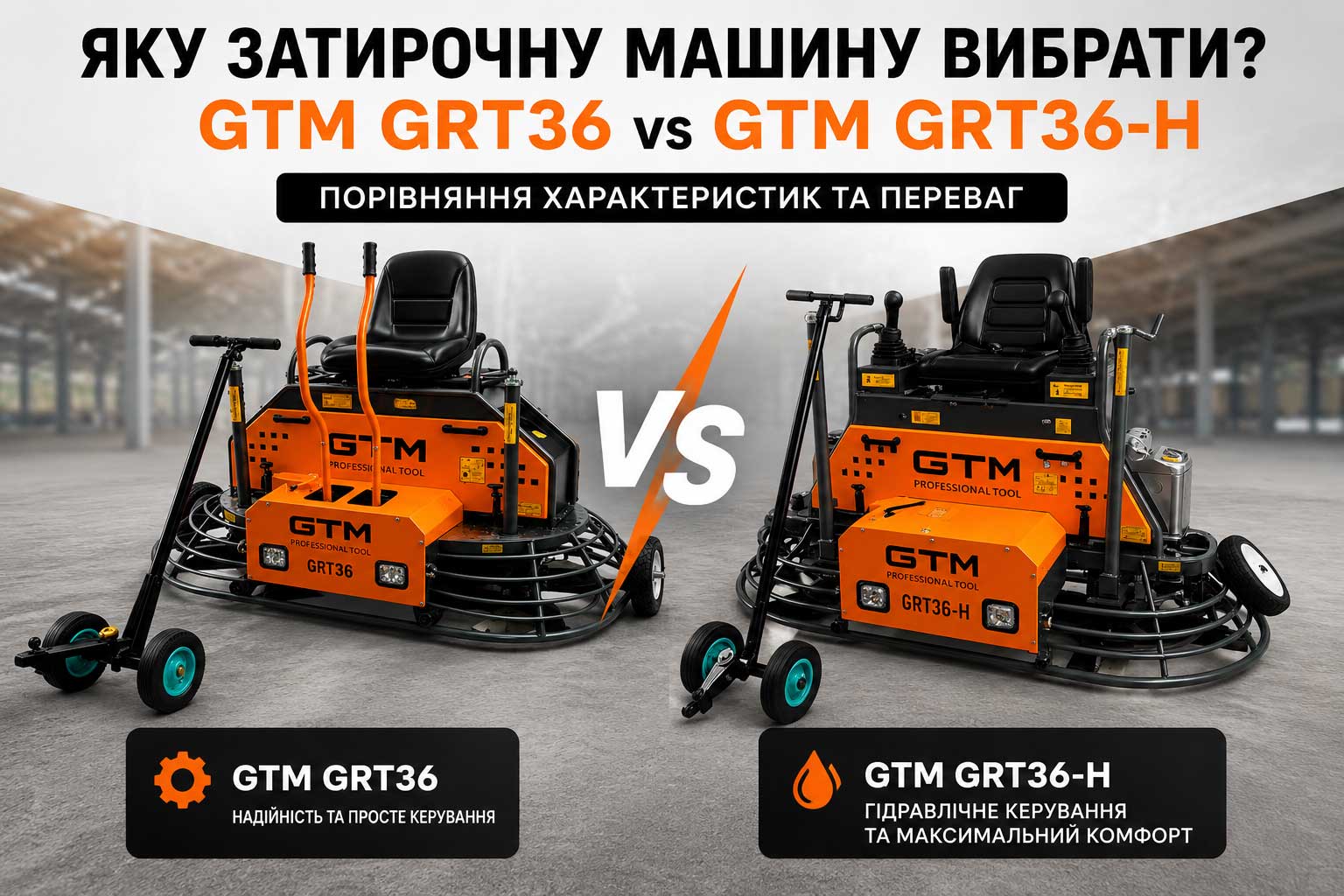 GTM GRT36 чи GTM GRT36-H: яку двороторну затирочну машину вибрати для професійної затирки бетону?