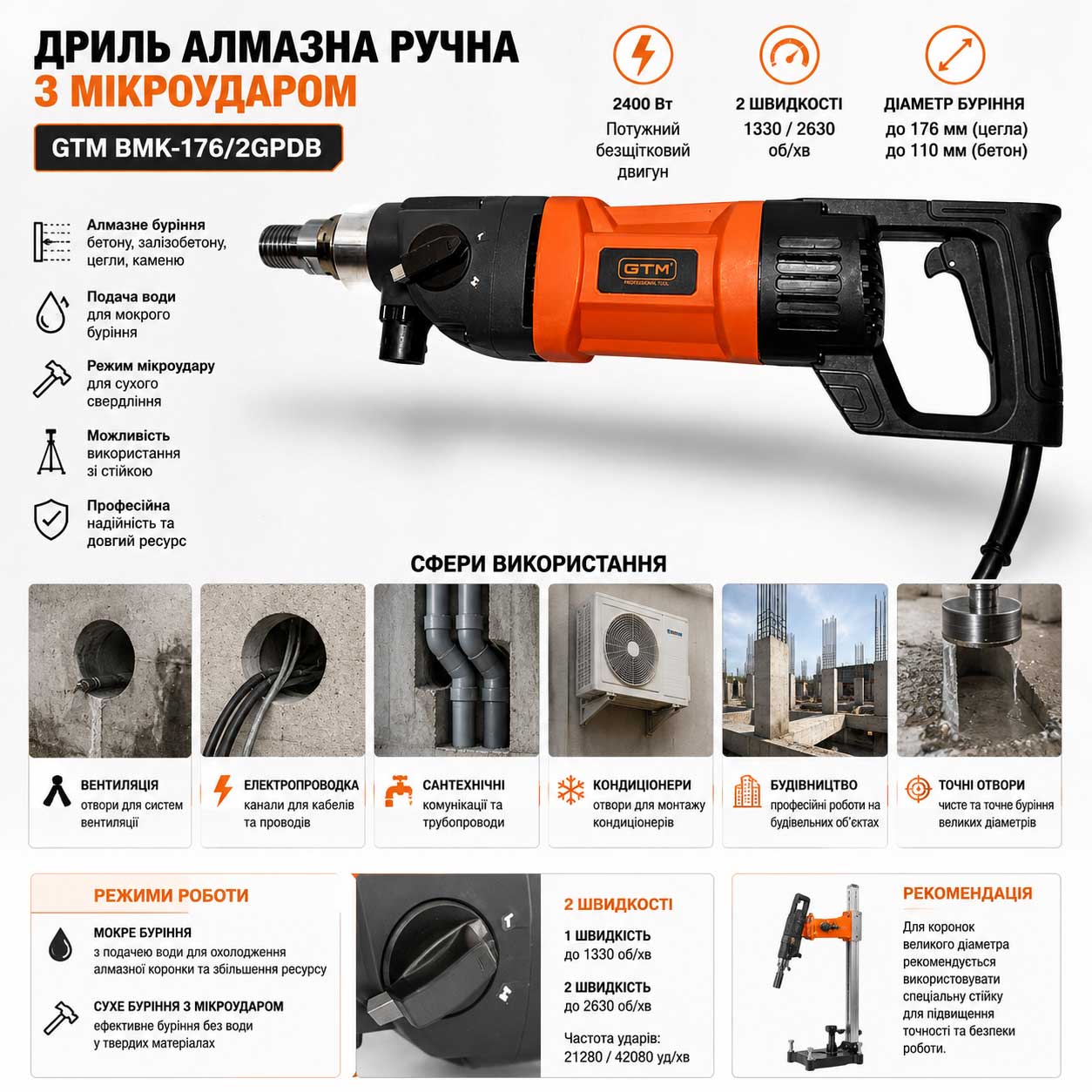 alm_dril_2 Дриль алмазна ручна з мікроударом BMK-176/2GPDB 2,4 кВт/2630об.хв/кейс