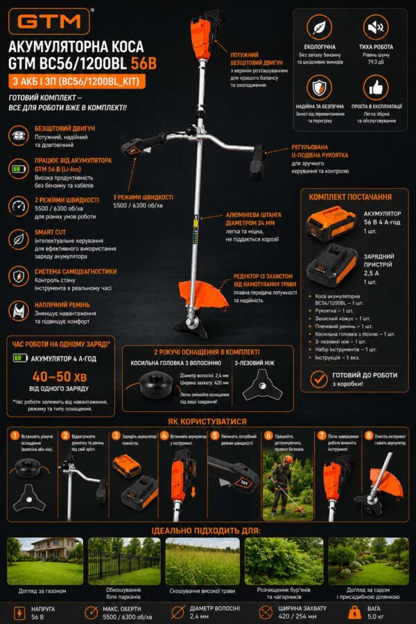 Акумуляторна коса GTM BC56/1200BL 56В з АКБ і ЗП BC56/1200BL_KIT