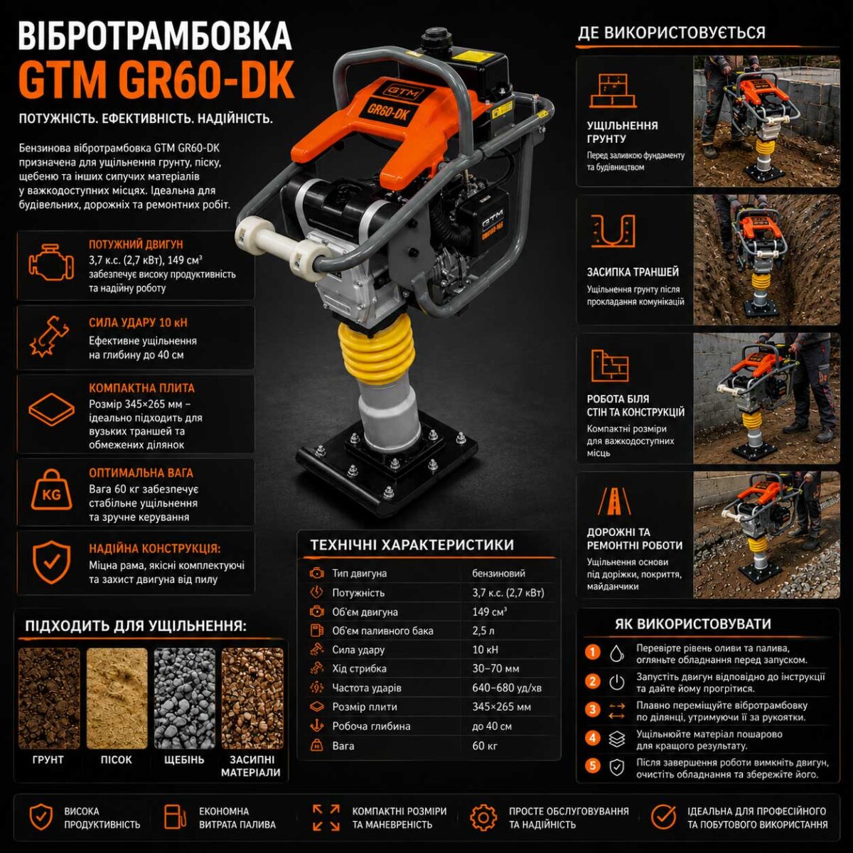 Інфографіка Вібротрамбовка бензинова GTM GR60-DK 10 кН 3.7 к.с. 2.7 кВт