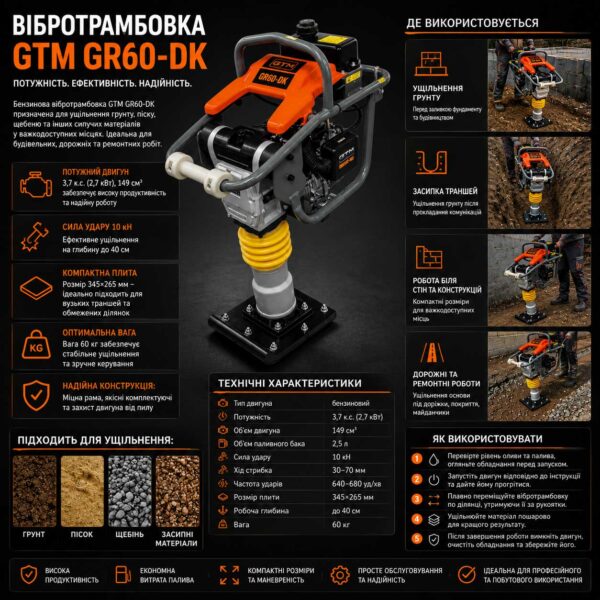 Інфографіка Вібротрамбовка бензинова GTM GR60-DK 10 кН 3.7 к.с. 2.7 кВт