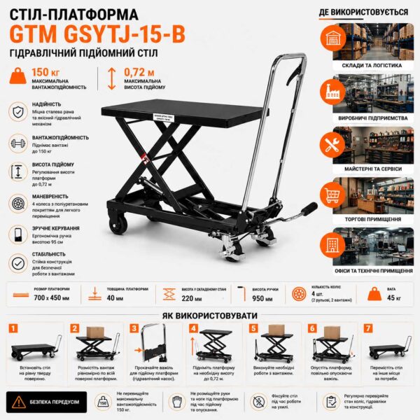 Стіл-платформа GTM GSYTJ-15-B вантажопідйомний гідравлічний 150кг 0.72м BLACK інфографіка