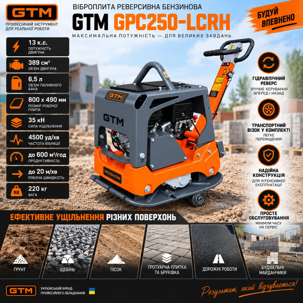 Віброплита GTM GPC250-LCRH 35кН 600 м²/год бензин