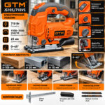Лобзик GTM JS105/710VS 710Вт 1500-3100ход/хв Quick Fix дерево/кол.мет/сталь 105/20/10мм інфографіка