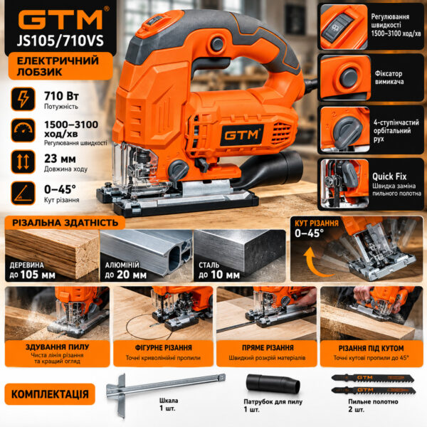 Лобзик GTM JS105/710VS 710Вт 1500-3100ход/хв Quick Fix дерево/кол.мет/сталь 105/20/10мм інфографіка