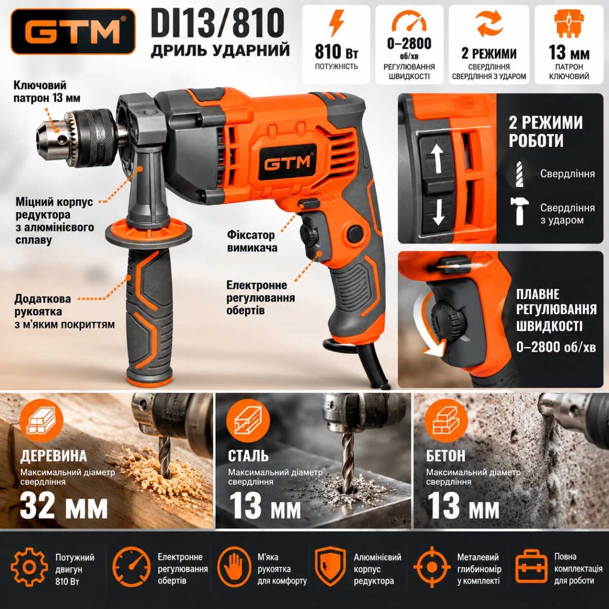 Дриль ударний GTM DI13/810 810Вт 0-2800об/хв патрон 13мм 13/13/32мм