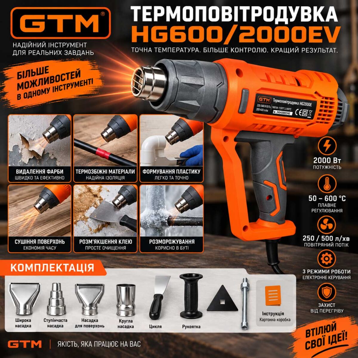 Термоповітродувка термофен GTM HG600/2000EV 2000Вт 50-600С 250/500л/хв