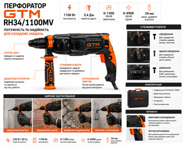Перфоратор GTM RH34/1100MV 1100 Вт SDS+ 3.4 Дж 34 мм