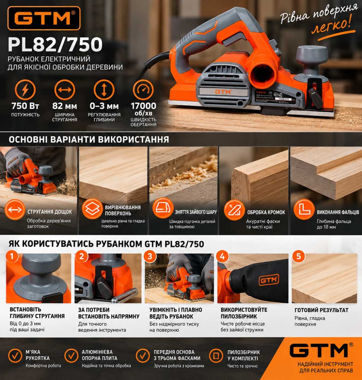 Рубанок GTM PL82/750 750Вт 82мм 0-3мм 17000об/хв