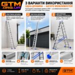 Трисекційна алюмінієва драбина GTM KME311P 3×11 сходинок 7.31м 150кг інфографіка