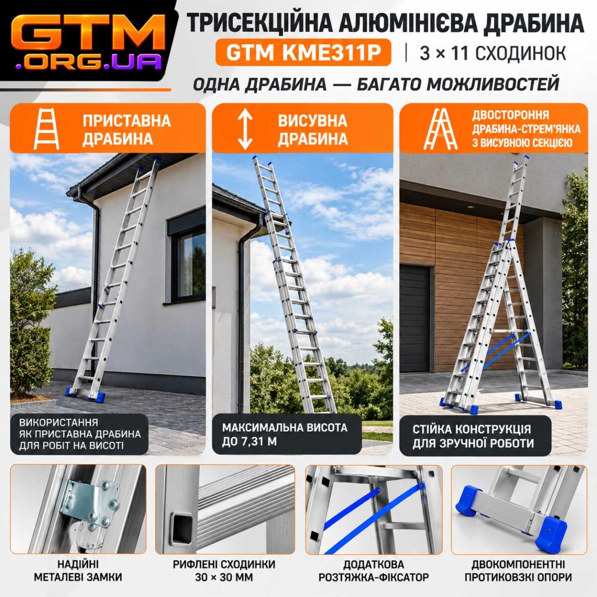 Трисекційна алюмінієва драбина GTM KME311P 3×11 сходинок 7.31м 150кг інфографіка