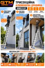 Трисекційна алюмінієва драбина GTM KME312P 3×12 сходинок 8.12м 150кг інфографіка