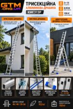 Трисекційна алюмінієва драбина GTM KME313P 3×13 сходинок 8.93м 150кг інфографіка